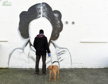 یک مرد و سگش در حال مشاهده نقاشی دیواری شاهزاده لیلا شخصیت فیلم جنگ ستارگان - بلفاست ایرلند شمالی