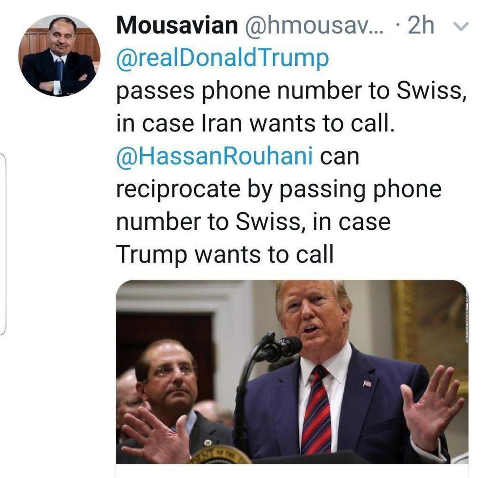 پیشنهاد موسویان به روحانی: شماره تلفن‌تان را به سفارت سوئیس بدهید تا ترامپ با شما تماس بگیرد!