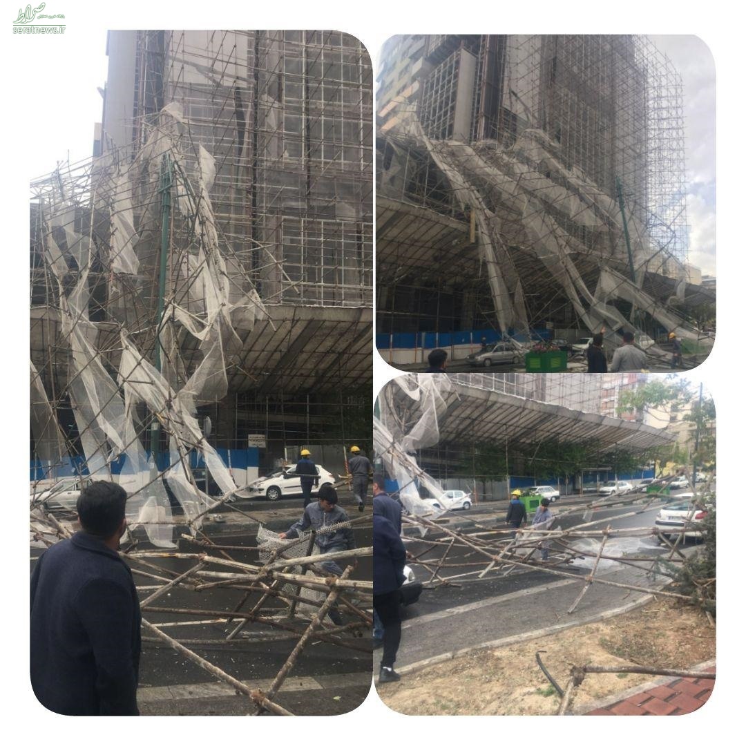 سقوط داربست ساختمان ۱۰ طبقه در سعادت‌آباد+عکس